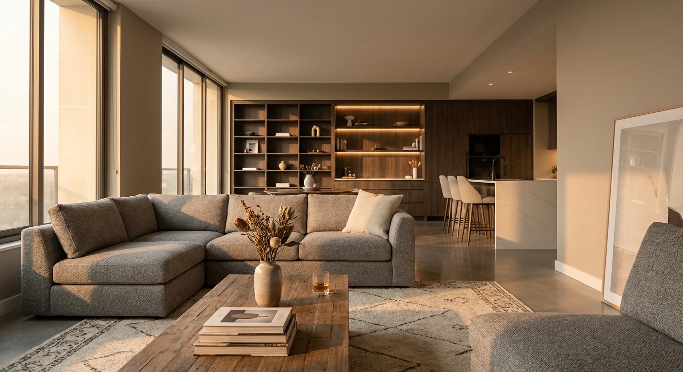 Esempio di rendering fotorealistico di interni con design italiano e luce mediterranea